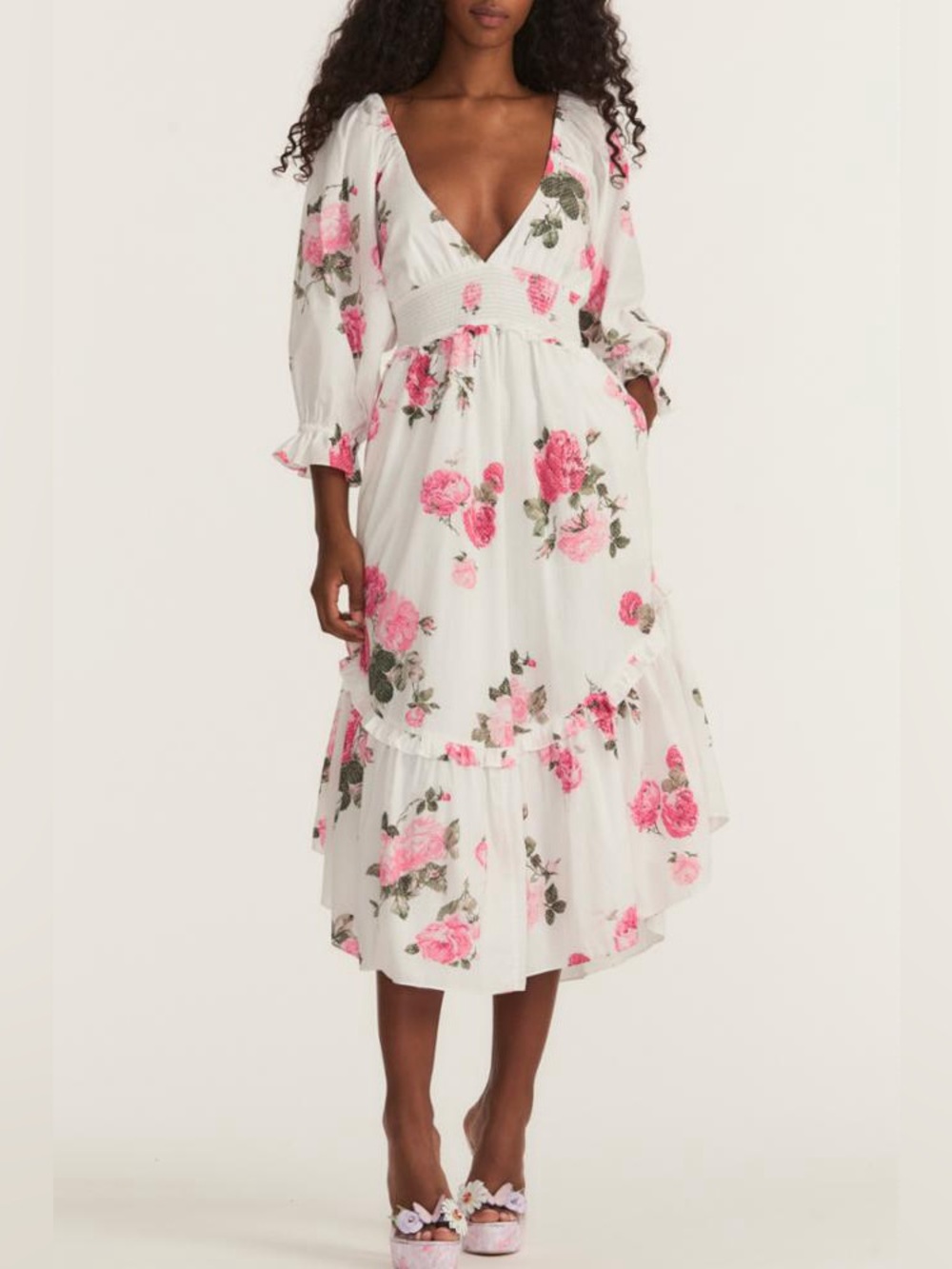 LoveShackFancy White Midi Dress with Pink Rose Print